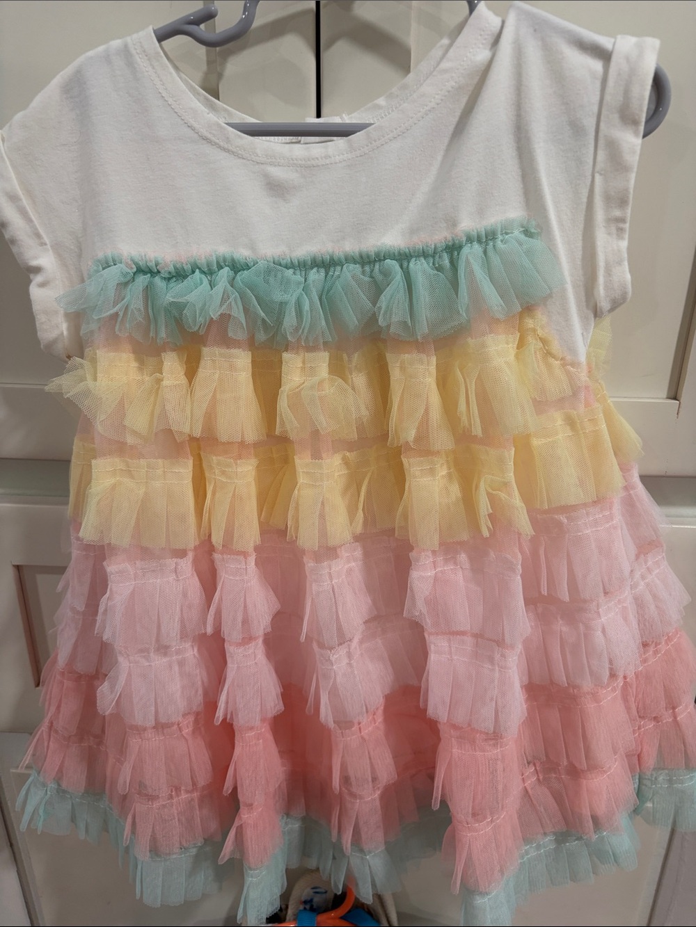 Girls White Dress with Pastel Tulle Ruffles